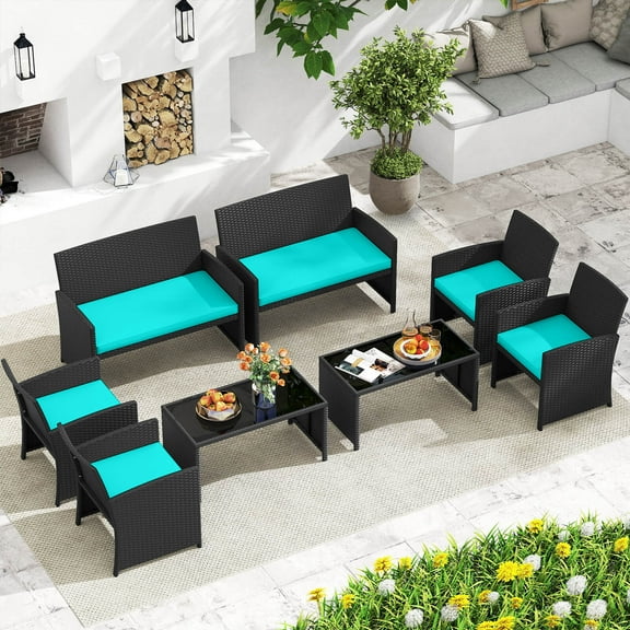 Costway 8 PCS Patio Conversation Set with Seat Cushions & Tempered Glass Tabletop, Porch Turquoise + Black