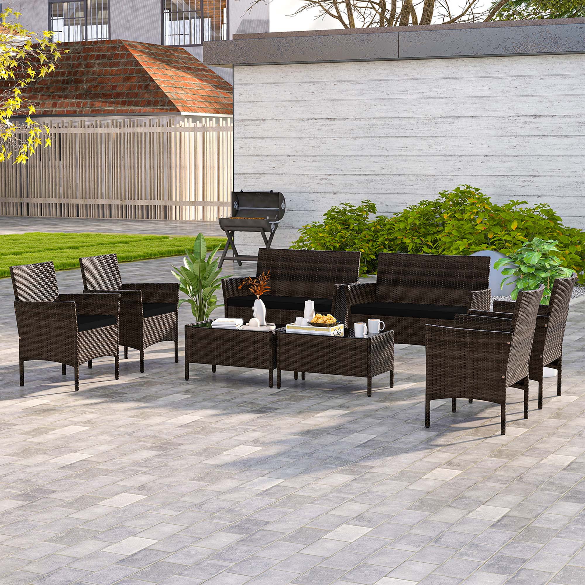 Costway 8 PCS Patio Furniture Set with Washable Cushions and Tempered Glass Coffee Table Black