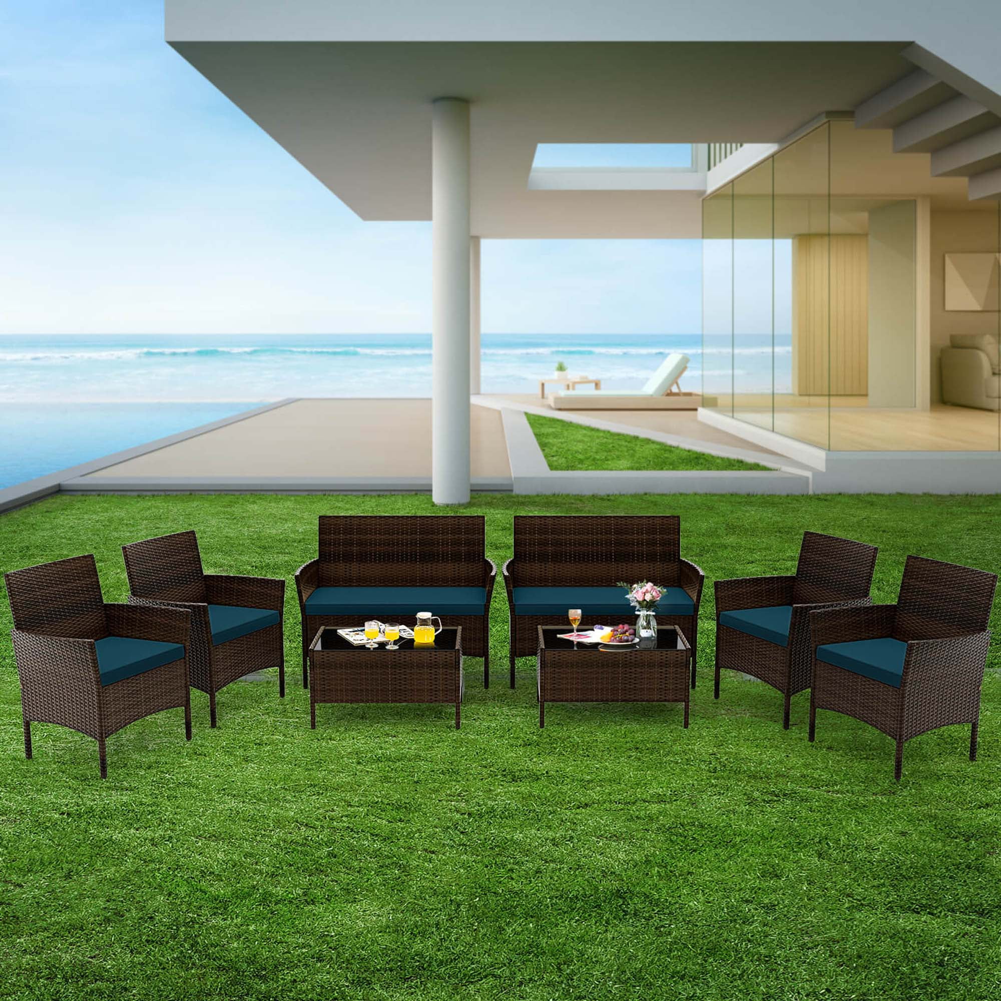 Costway 8 PCS Patio Furniture Set with Washable Cushions and Tempered Glass Coffee Table Blue