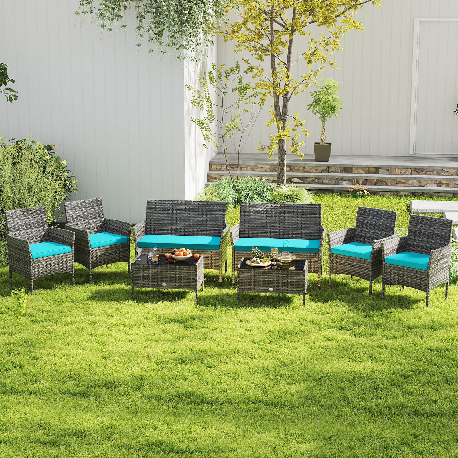 Costway 8 PCS Patio Furniture Set with Washable Cushions and Tempered Glass Coffee Table