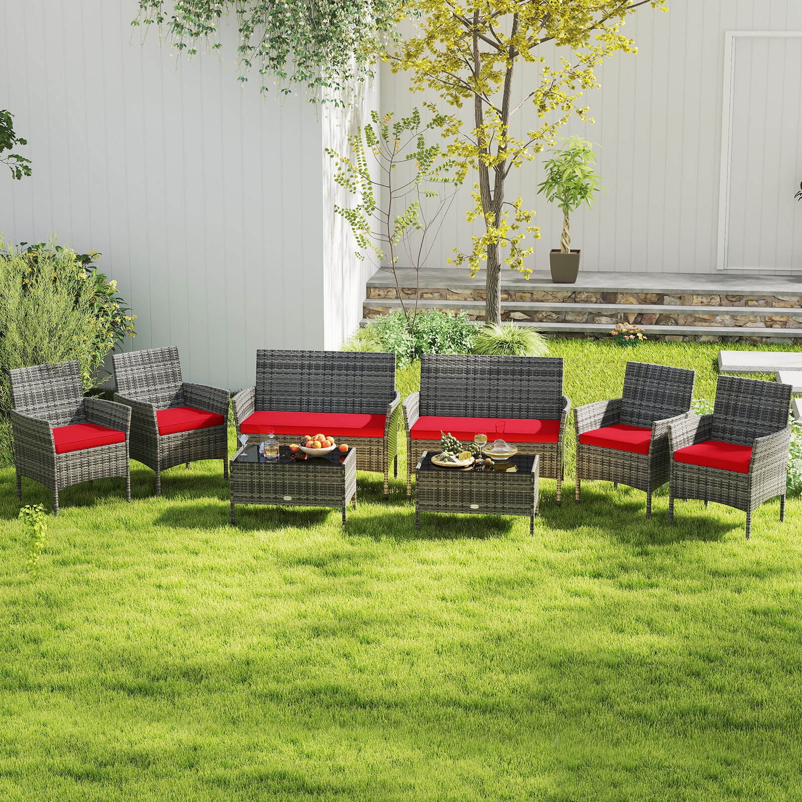 Costway 8 PCS Patio Furniture Set with Washable Cushions and Tempered Glass Coffee Table