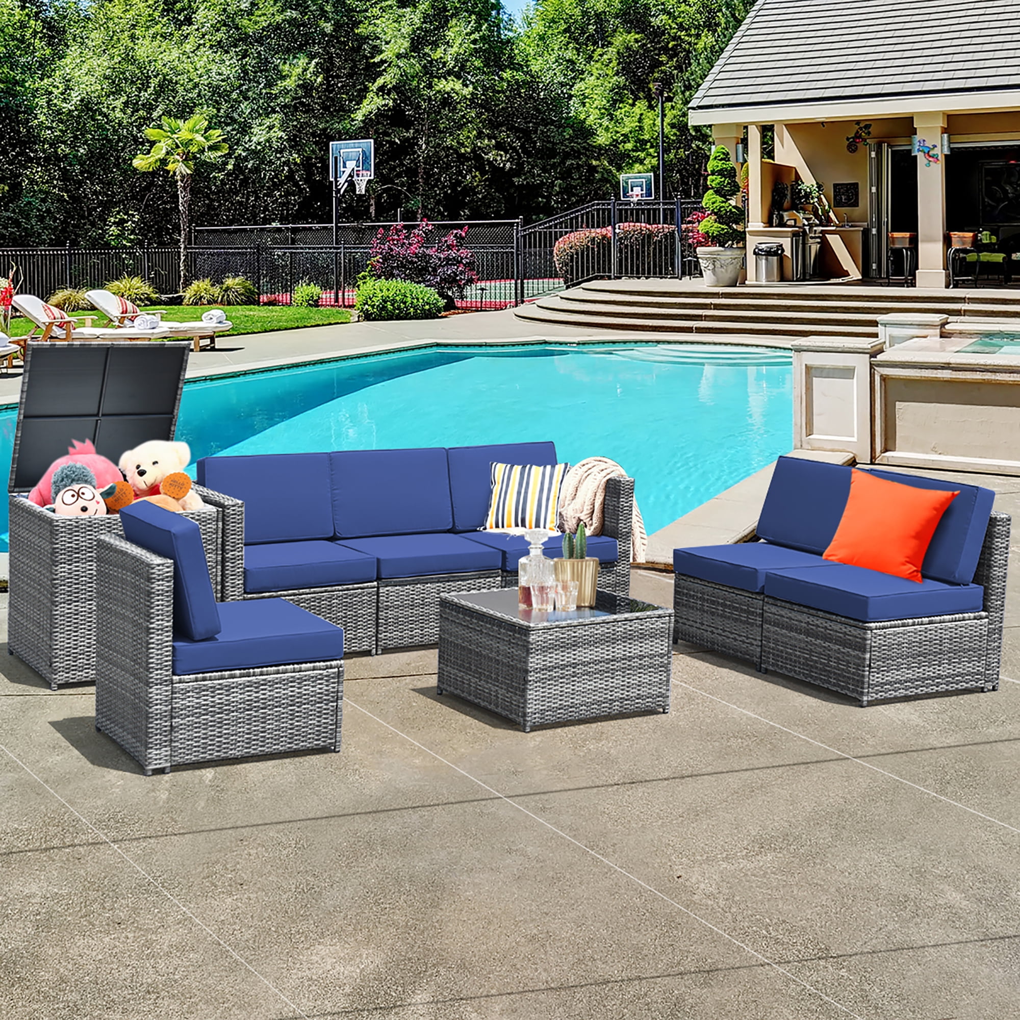 Costway 8 PCS Wicker Sofa Rattan Furniture Set Patio Furniture w/ Storage Table Navy