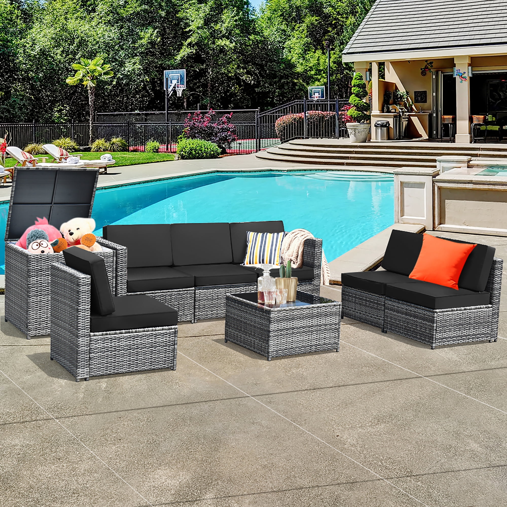 Costway 8 Pcs Wicker Rattan Sectional Patio Furniture Set with Storage Table, Black