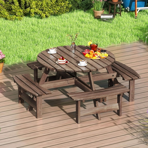 Costway 8-Person Round Picnic Table Set with 4 Built-in Benches 2" Umbrella Hole, Brown