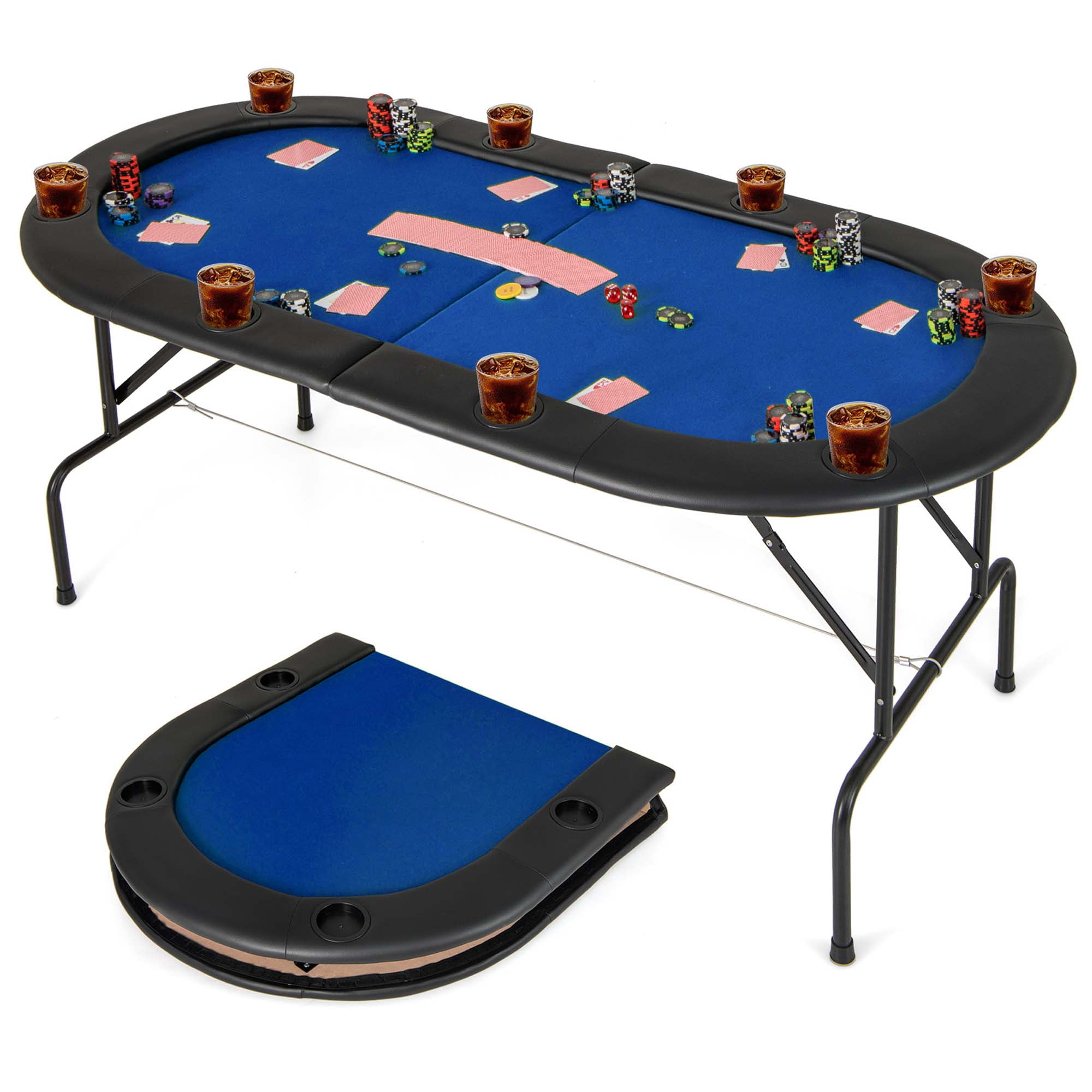 Black and Blue 72" Foldable Poker Table with Felt Surface and Leather Armrests