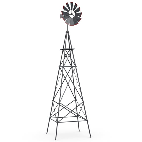 Costway 8 ft All-Weather Metal Wind Mill with 4 Support Legs 4 Ground Stakes Included Gray