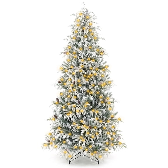 Costway 8 ft Flocked Christmas Tree with 1177 Branch Tips, 43 Pine Cones, 350 LED Lights
