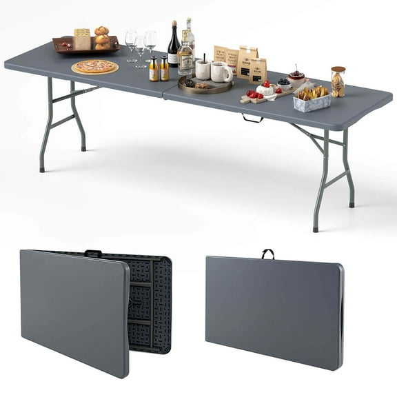 Costway 8 ft Portable Folding Table with HDPE Tabletop Safe Lock Mechanism Carrying Handle Gray