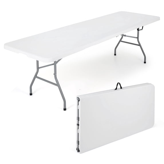 Costway 8 ft Portable Folding Table with HDPE Tabletop Safe Lock Mechanism Carrying Handle White