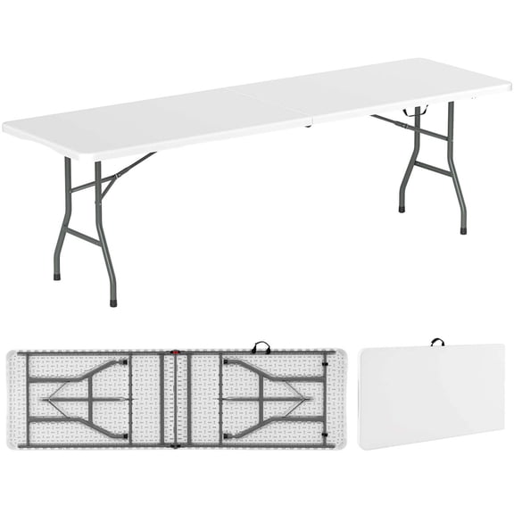 Costway 8 ft Portable Folding Table with HDPE Tabletop Safe Lock Mechanism Carrying Handle White