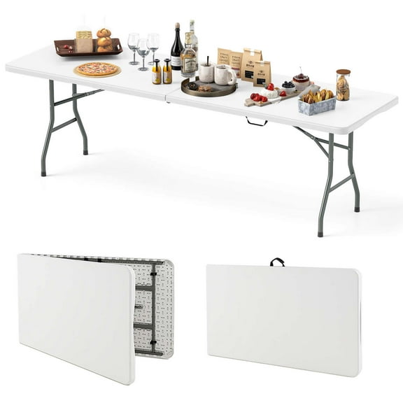 Costway 8 ft Portable Folding Table with HDPE Tabletop Safe Lock Mechanism Carrying Handle White