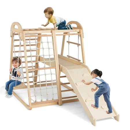 Costway 8-in-1 Jungle Gym with Slide, Monkey Bar, Swing, Rope Ladder, Resting Platform, Net Natural