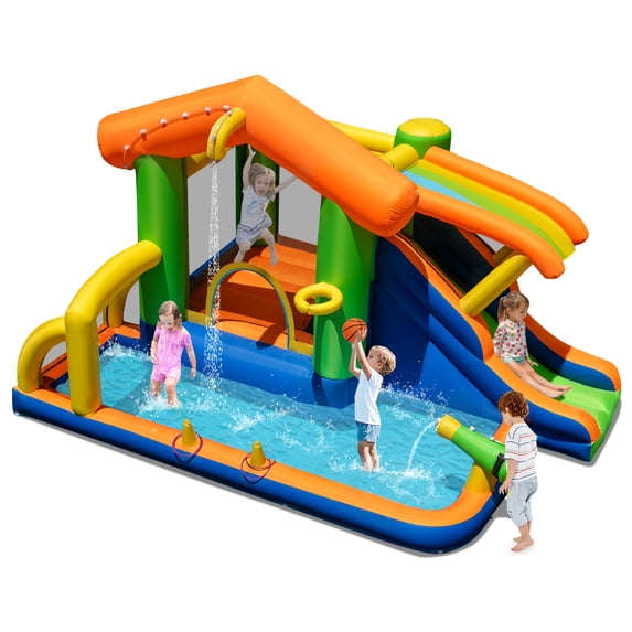 Costway 8-in-1 Multifunctional Water Park with Slide With Climbing Wall Water Cannon Blower Excluded
