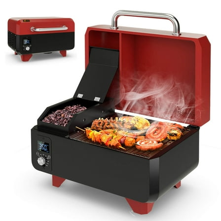 Costway 8-in-1 Portable Pellet Grill with Digital Control Meat Probe Detachable Ash Pan Red