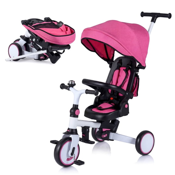 Costway 8-in-1 Toddler Trike with Removable Adjustable Canopy Push Handle Safety Harness Pink