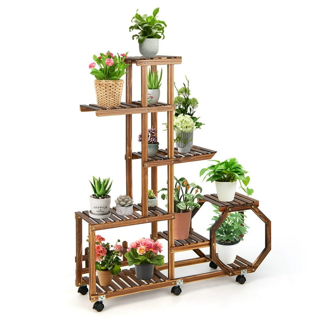 Costway 8tier 12 Potted Rolling Plant Stand Wooden Storage Display