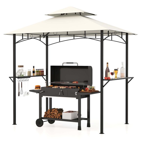 Costway 8' x 5' Grill Gazebo with 2 Shelves 7 Hooks Metal Frame Soft Top Beige