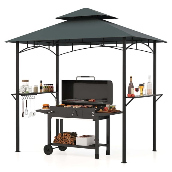 Costway 8' x 5' Grill Gazebo with 2 Shelves 7 Hooks Metal Frame Soft Top Gray
