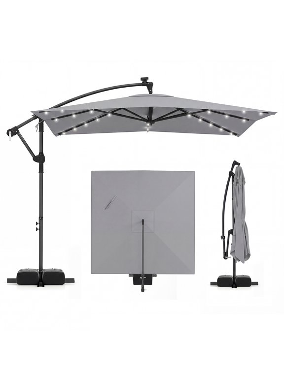 8 x 8 FT Solar LED Offset Cantilever Patio Umbrella with 360° Rotation, Crank Gray
