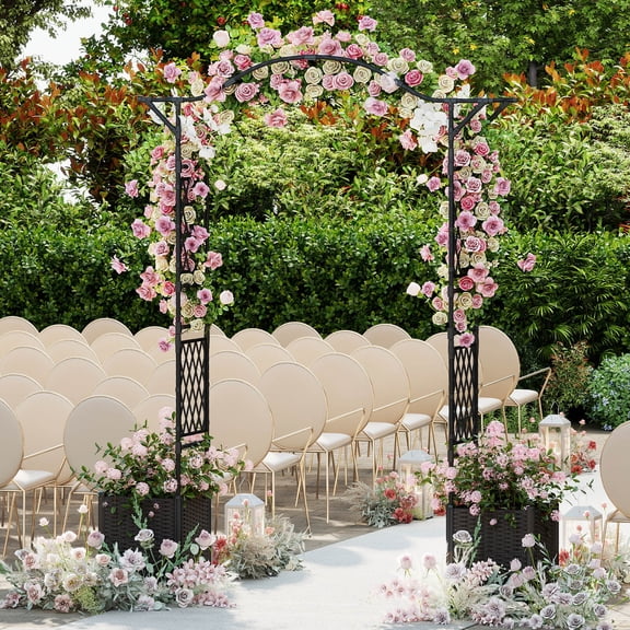 Costway 82L x 99H Garden Arch Trellis with 2 Self-watering Planter Boxes for Party Yard Black