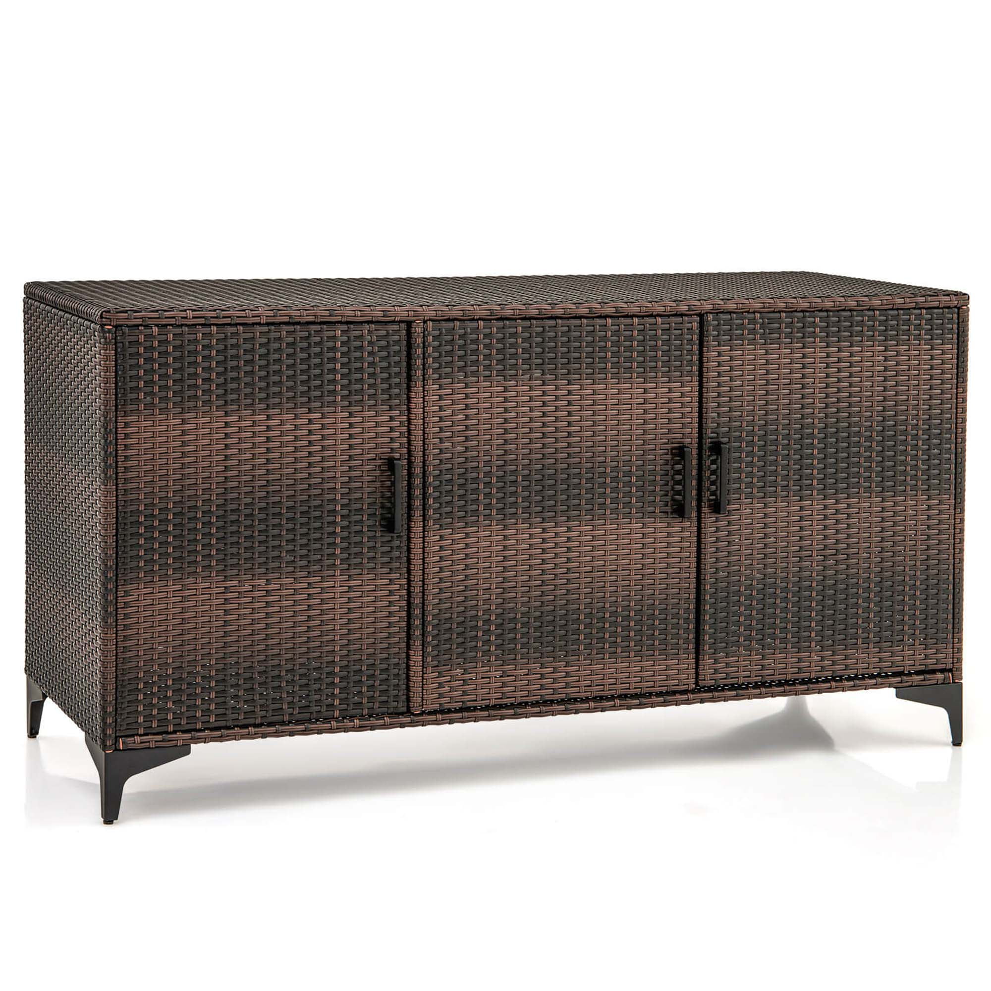 Costway 84 Gallon 3-Door Patio Wicker Storage Cabinet Deck Box with Removable Shelves Brown
