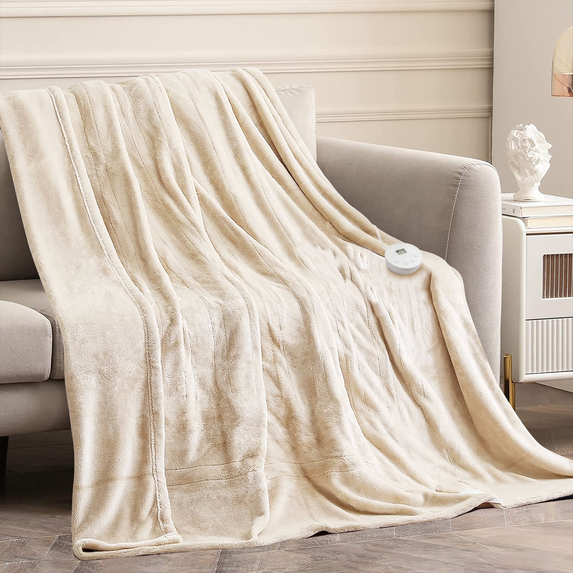 Costway 84'' x 90'' Flannel Heated Blanket Throw w/ Dual Controller Beige