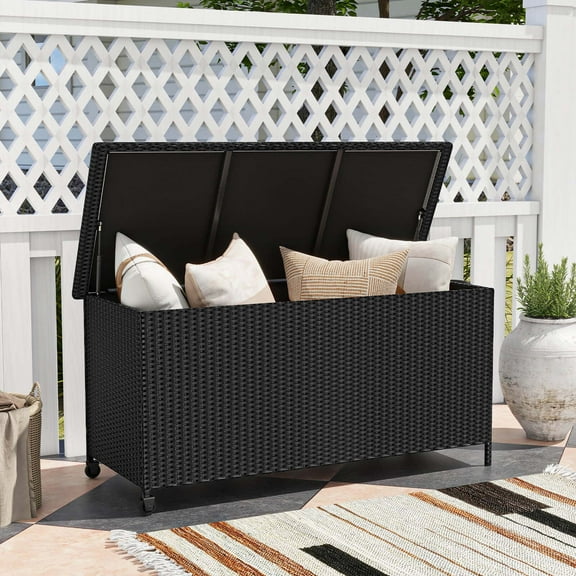 Costway 85 Gallon Rattan Deck Box with Waterproof Liner Universal Wheels & Gas Strut Black