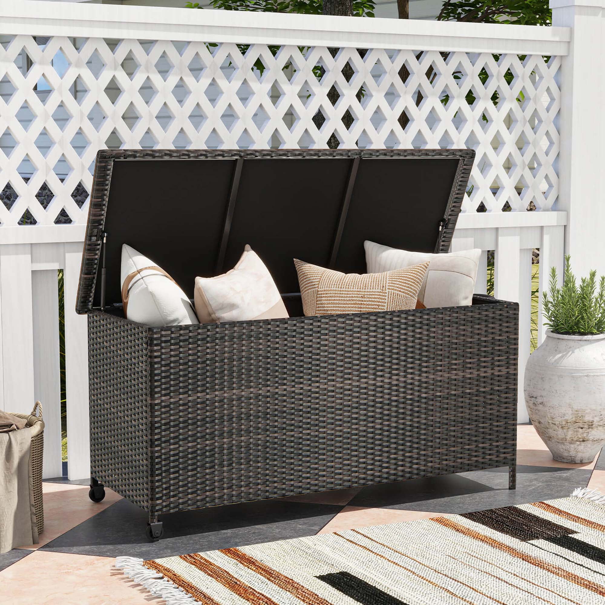 TANGZON 320L Rattan Deck Box With Wheels & Gas Strut | Outdoor Storage For Patio Cushions, Pillows, Tools | Waterproof Polyester Liner | Brown Wicker Patio Cabinet