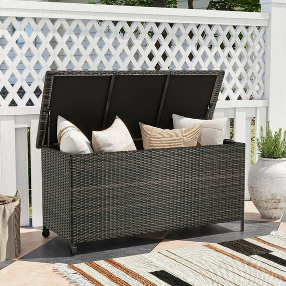 Costway 85 Gallon Rattan Deck Box with Waterproof Liner Universal Wheels & Gas Strut Brown