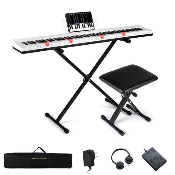 Costway 88-Key Electric Piano Keyboard with Adjustable Stand Stool, Light-up Keys & Buttons White