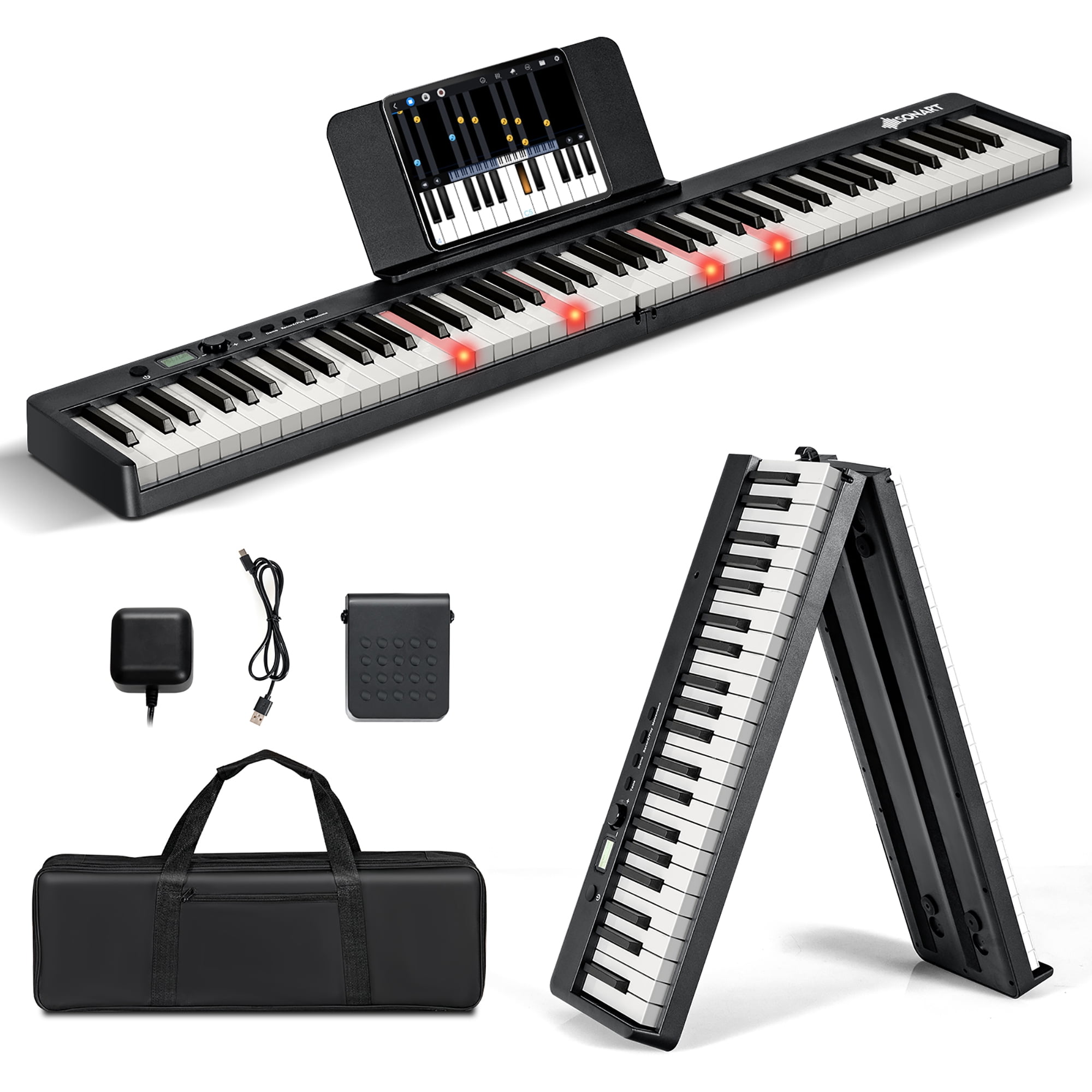 Learn piano online by yourself. Use a tablet or computer to learn piano  tutorials online. The black grand piano has a tablet placed on a notebook  stand. 3D Rendering. 6667060 Stock Photo