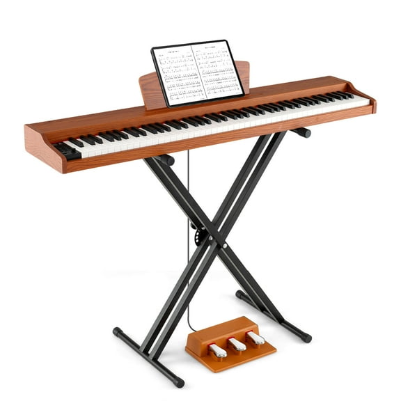 Costway 88-Key Keyboard Piano Set with Adjustable Stand & 2 Keyboard Mode 2 Speakers Brown