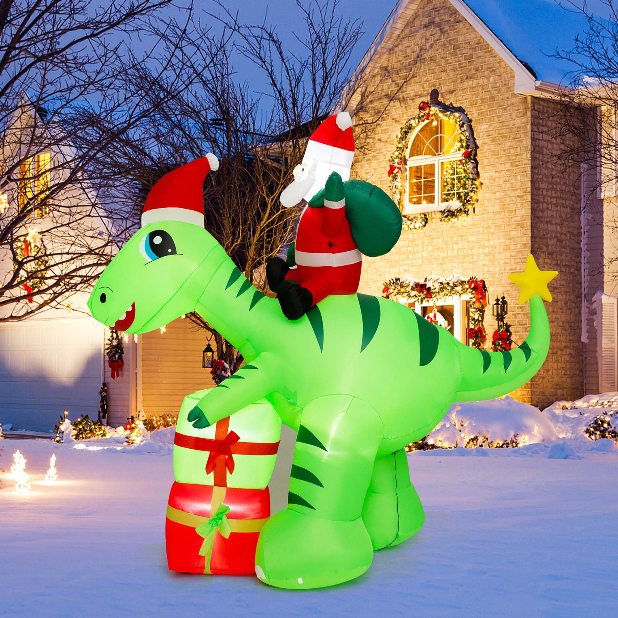 Costway 8FT Inflatable Christmas Santa Claus Dinosaur LED Lighted Decoration Gift Boxes