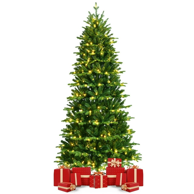 Costway 8FT PreLit Hinged Christmas Tree 3402 PE & PVC Tips w/ 620 Lights & Foot Switch