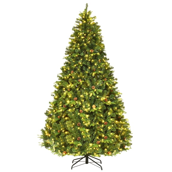 Costway 8Ft Pre-Lit Christmas Tree Hinged 600 LED Lights Pine Cones
