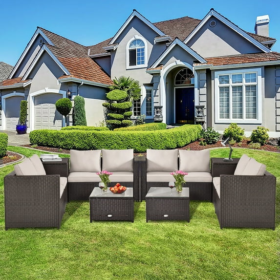 Costway 8PCS Outdoor Patio Rattan Furniture Set Cushioned Loveseat Storage Table