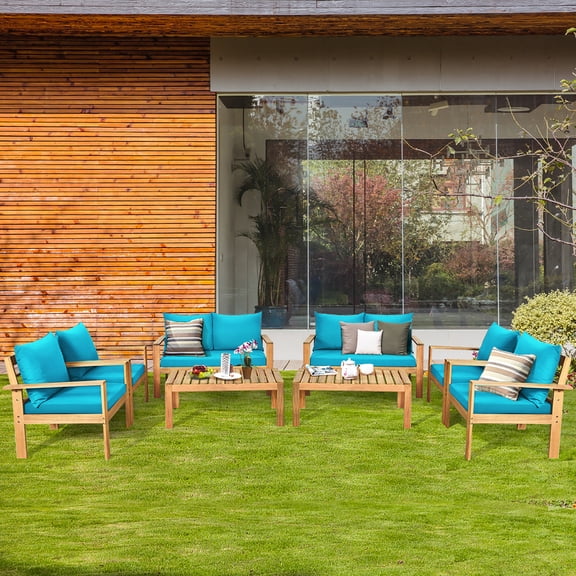 Costway 8PCS Patio Furniture Set Acacia Wood Thick Cushion Loveseat Sofa Turquoise