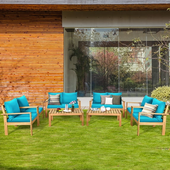 Costway 8PCS Patio Furniture Set Acacia Wood Thick Cushion Loveseat Sofa Turquoise