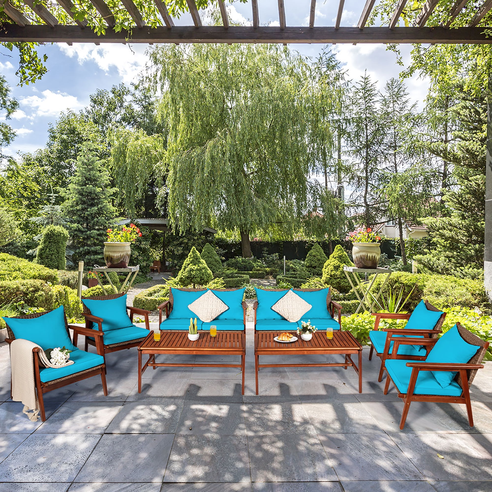 Costway 8PCS Patio Rattan Furniture Set Acacia Wood Frame Cushioned Sofa Chair Turquoise