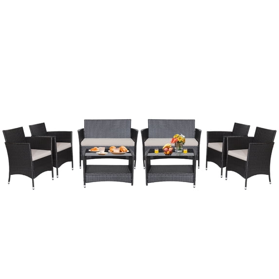 Costway 8PCS Patio Rattan Furniture Set Armrest Cushion Sofa Coffee Table with Shelf Garden