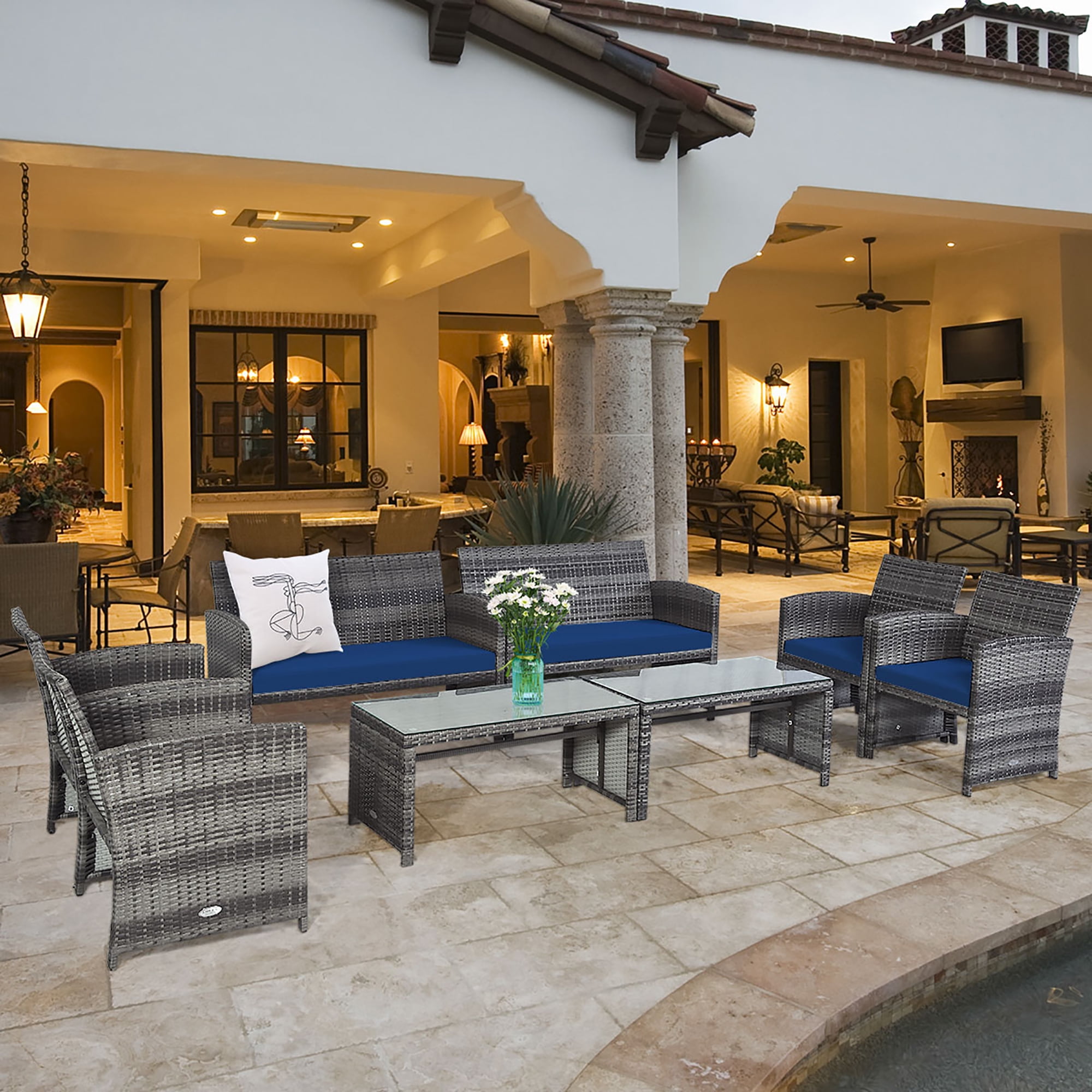 Navy and Gray Steel 8-Piece Patio Conversation Set with Cushions