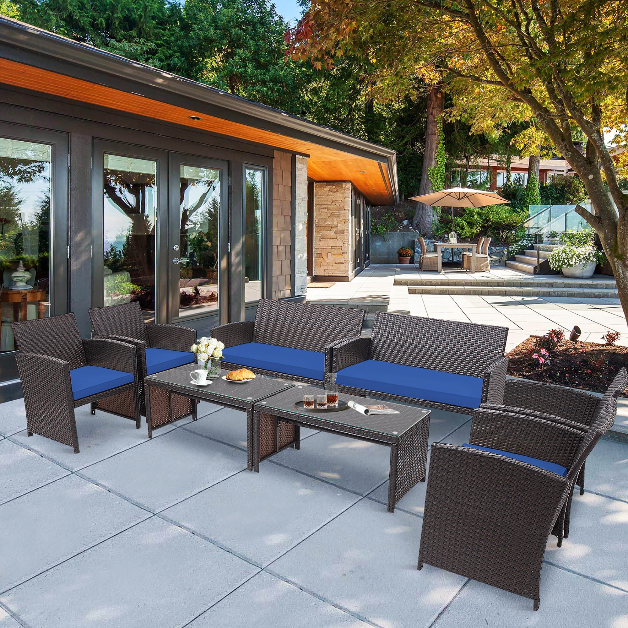 Costway 8PCS Patio Rattan Furniture Set Cushioned Chair Sofa Coffee Table Navy