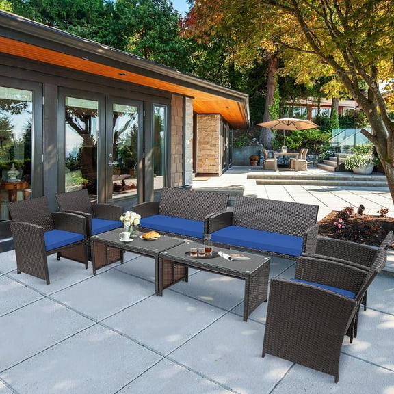Costway 8PCS Patio Rattan Furniture Set Cushioned Chair Sofa Coffee Table Navy