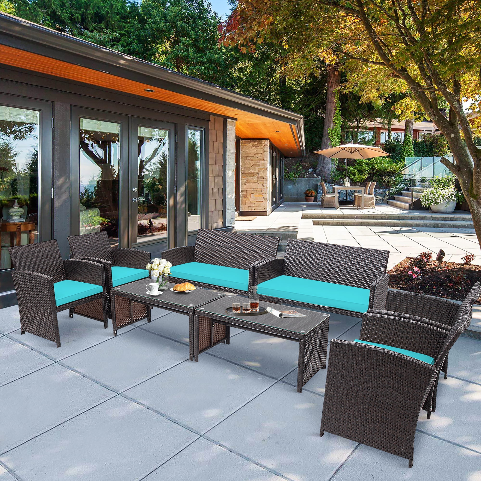 Costway 8PCS Patio Rattan Furniture Set Cushioned Chair Sofa Table Turquoise