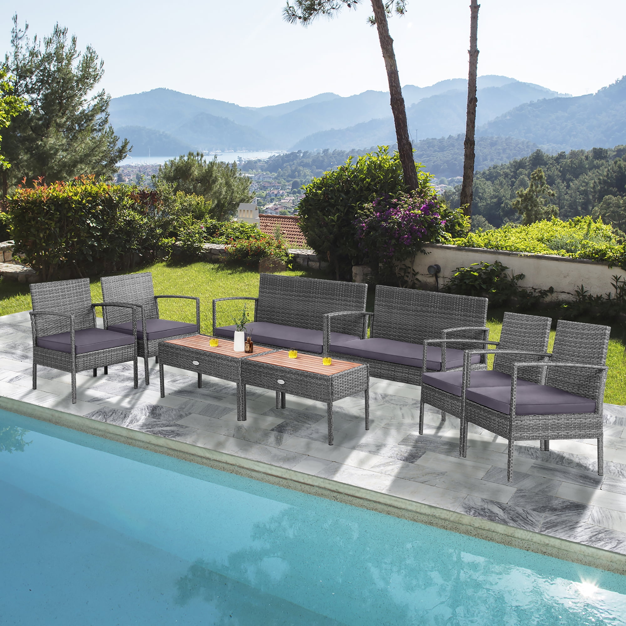 Gray Acacia Wood and Steel 8-Piece Patio Set with Cushions