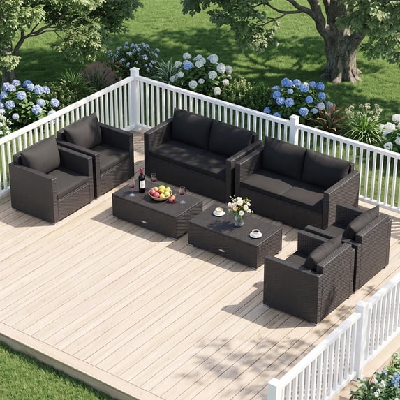Costway 8PCS Patio Rattan Furniture Set including 2 Coffee Tables & 4 Single Sofa and 2 Loveseats Black