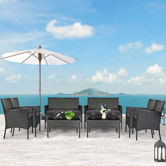 Costway 8PCS Patio Rattan Furniture Set Cushioned Sofa Coffee Table Backyard Grey