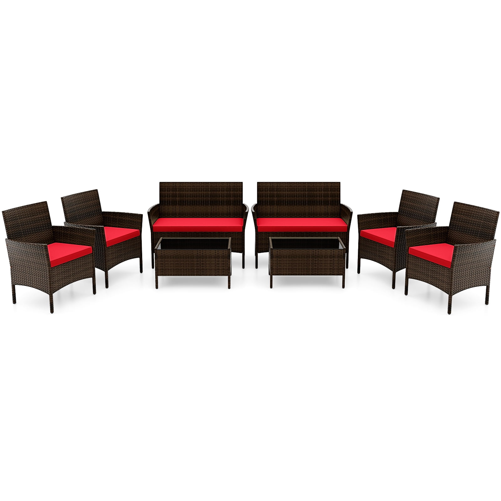 Costway 8PCS Patio Rattan Furniture Set Cushioned Sofa Coffee Table Backyard Porch Red