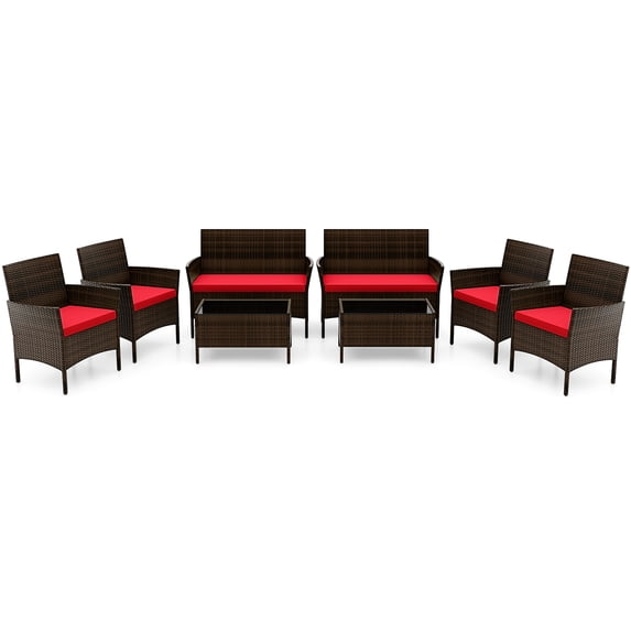 Costway 8PCS Patio Rattan Furniture Set Cushioned Sofa Coffee Table Backyard Porch Red
