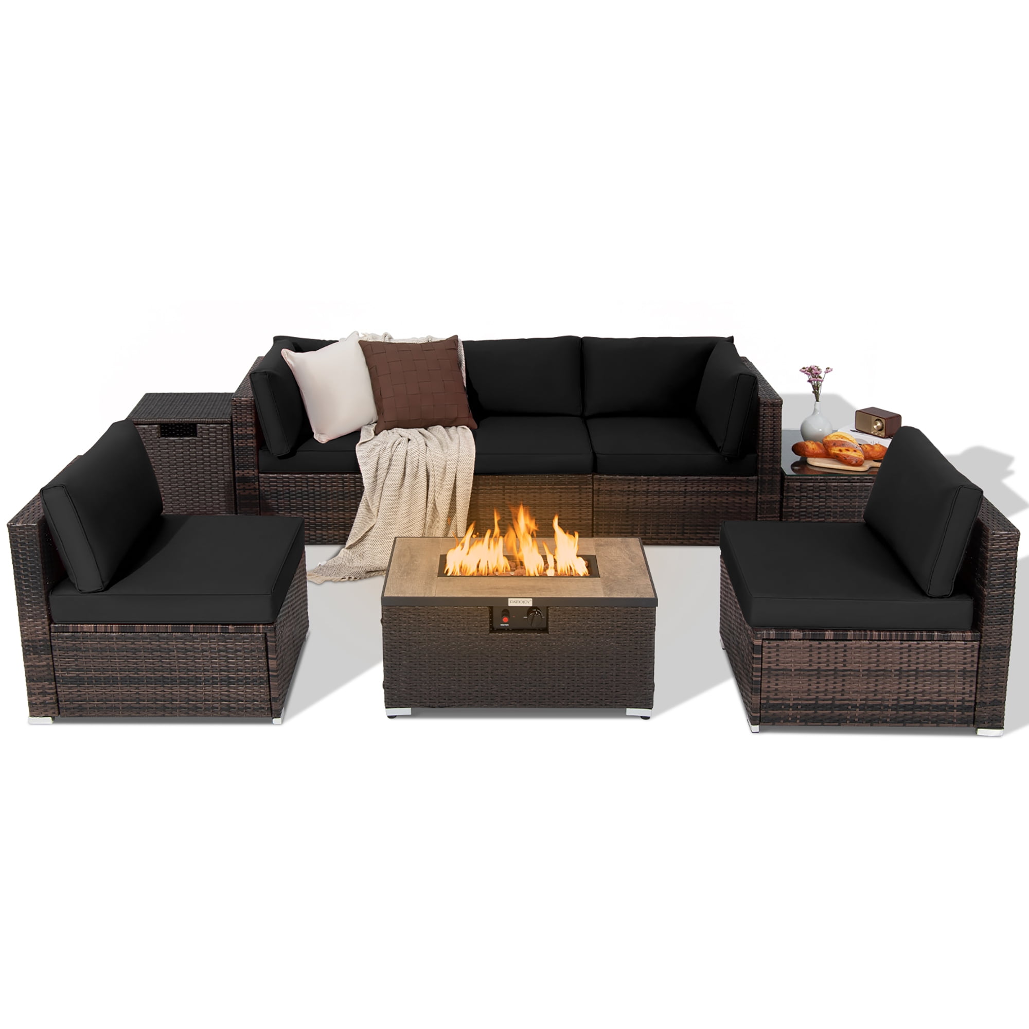Costway 8PC Outdoor Patio Rattan Set with Gas Fire Pit, Table, Tank Holder & Cover, Black